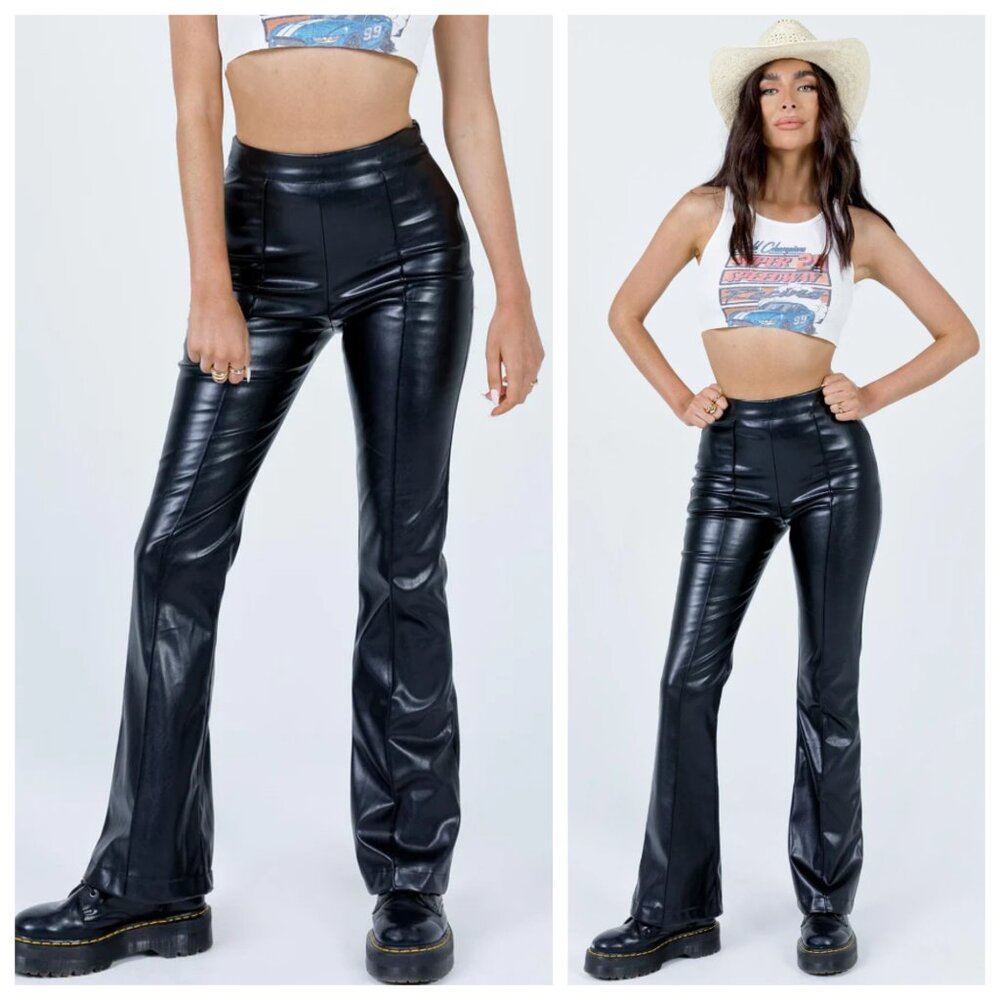 Princess Polly Braden Black Faux Leather High Waist Flared Pants